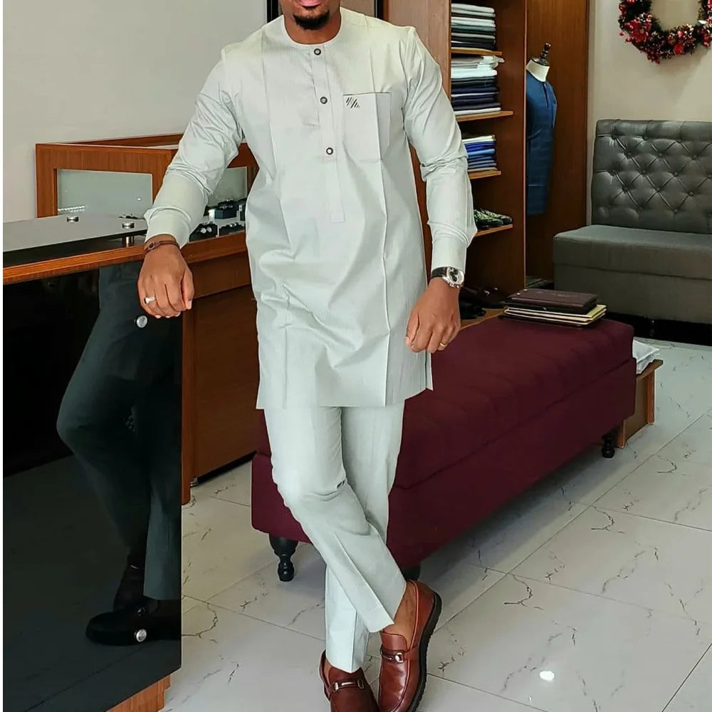 Kaftan Mens Designer Clothes Embroidered Tops And Trousers With Pockets Elegant Suits for Men African Casual 2 Pcs Suit Outfits