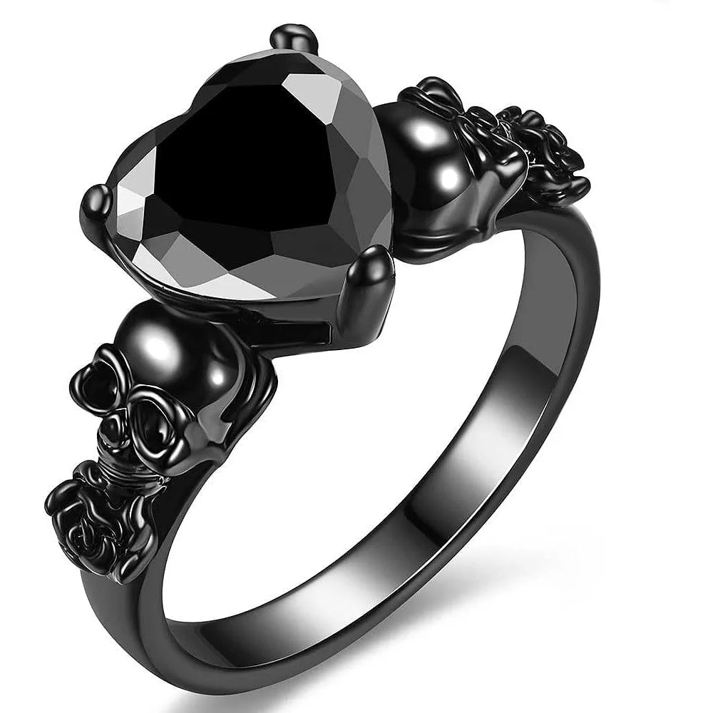 Gothic Skull Black Rose Flower Rings Women Purple Red Heart Zircon Crystal Valentine's Day Anniversary Engagement Jewelry