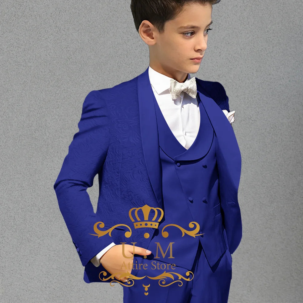 Haute Couture Boys' 3pcs Champagne Jacquard Jacket Vest Pants Slimming Set for Wedding Pageboy Xmas Birthday Party Child Gift
