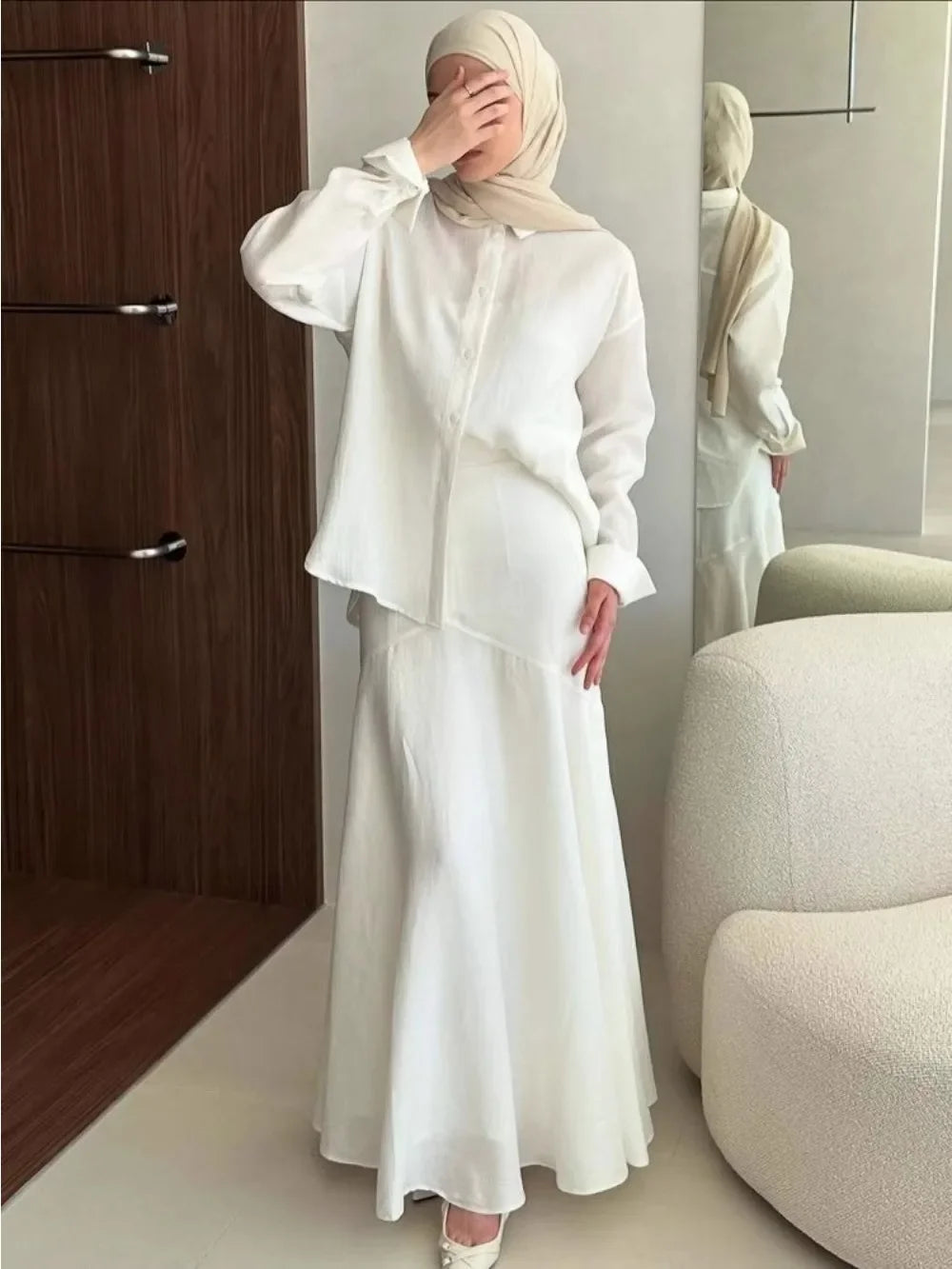 Eid Muslim Set Women Top Shirt Skirt 2 Piece Set Blouse Single Breaterd Solid Skirts Suits Arabic Dubai Musulman Ensembles 2025