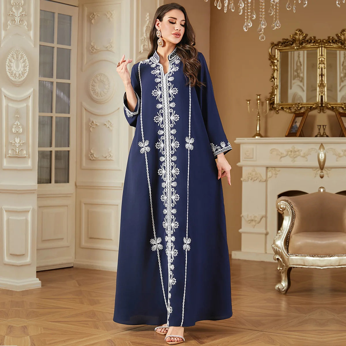 Women's Islamic Abaya Navy Blue Embroidered Kaftan Robe Muslim Modest Long Dress Plus Size High Quality Fabric