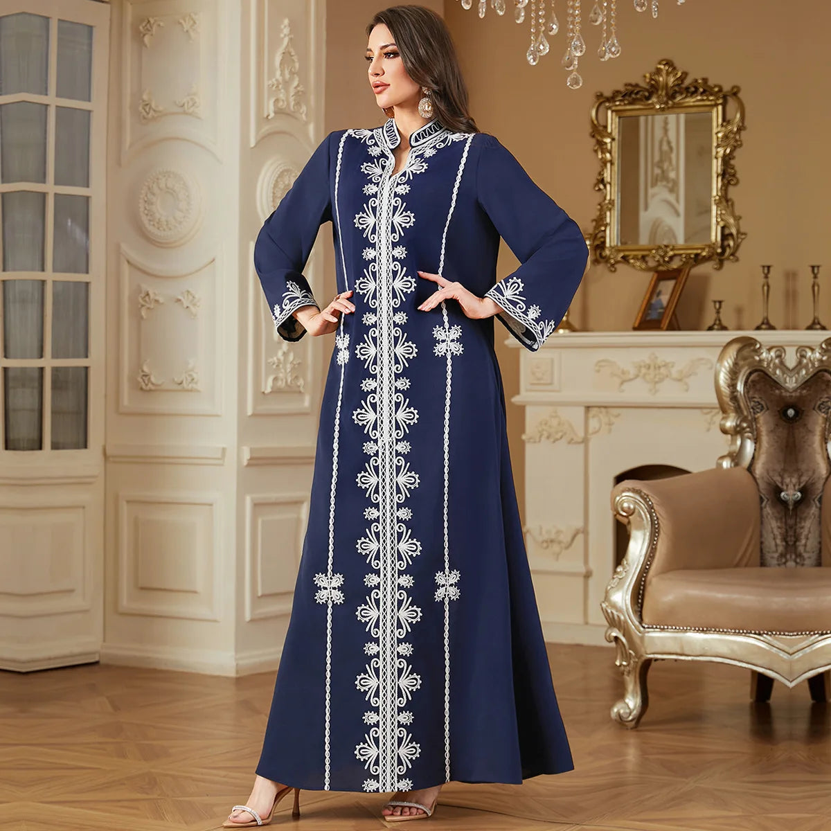 Women's Islamic Abaya Navy Blue Embroidered Kaftan Robe Muslim Modest Long Dress Plus Size High Quality Fabric