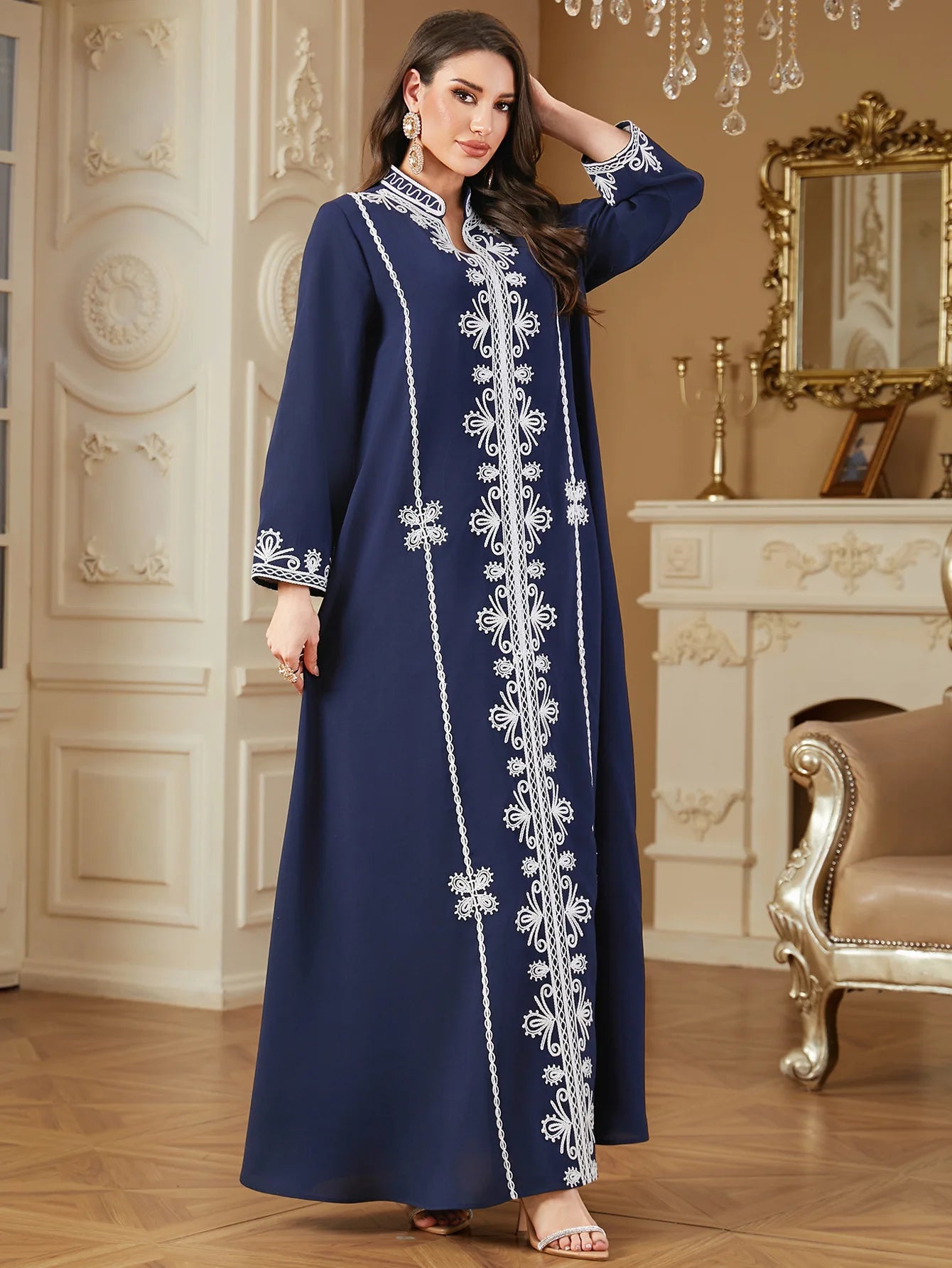 Women's Islamic Abaya Navy Blue Embroidered Kaftan Robe Muslim Modest Long Dress Plus Size High Quality Fabric