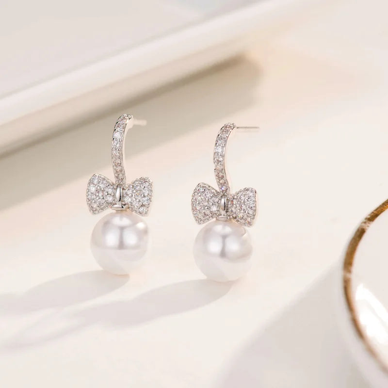 REETI 925 sterling silver Bowknot zircon Stud Earrings for Women  Wedding Fashion Jewelry Pearl Earrings Valentine's Day Gift