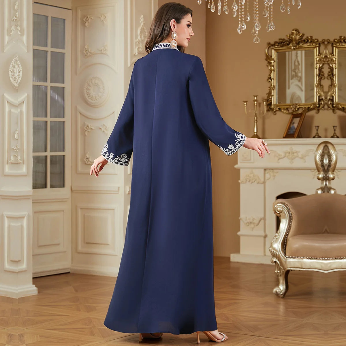 Women's Islamic Abaya Navy Blue Embroidered Kaftan Robe Muslim Modest Long Dress Plus Size High Quality Fabric