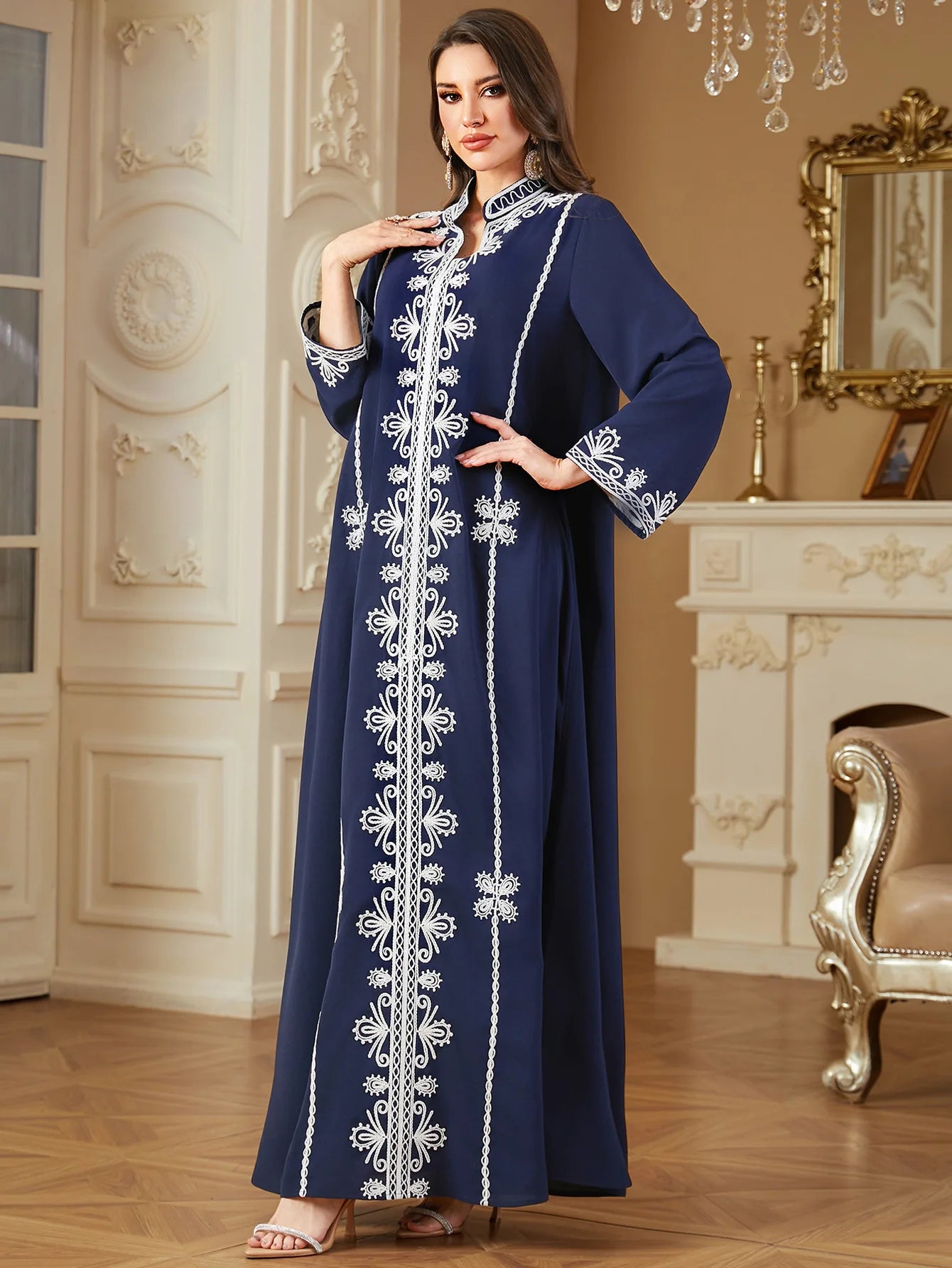 Women's Islamic Abaya Navy Blue Embroidered Kaftan Robe Muslim Modest Long Dress Plus Size High Quality Fabric