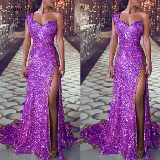 Women Sexy One Shoulder High Split Irregular Dress 2022 New Fashion Shiny Sequin Long Evening Dresses Lady Elegant Party Dress