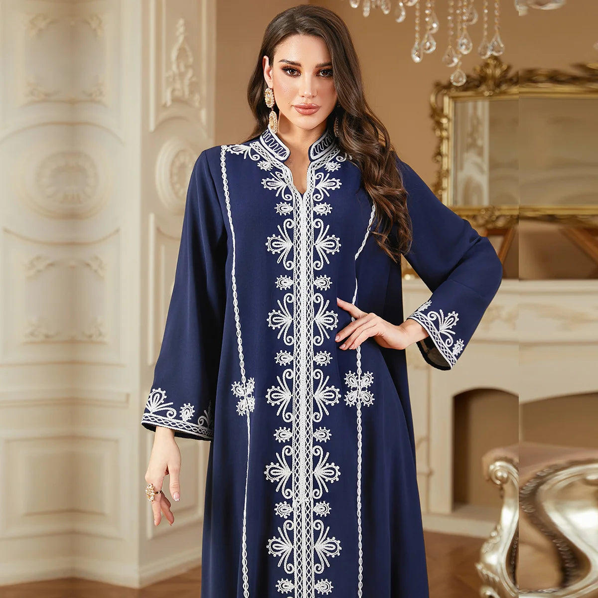 Women's Islamic Abaya Navy Blue Embroidered Kaftan Robe Muslim Modest Long Dress Plus Size High Quality Fabric