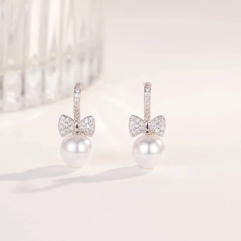 REETI 925 sterling silver Bowknot zircon Stud Earrings for Women  Wedding Fashion Jewelry Pearl Earrings Valentine's Day Gift
