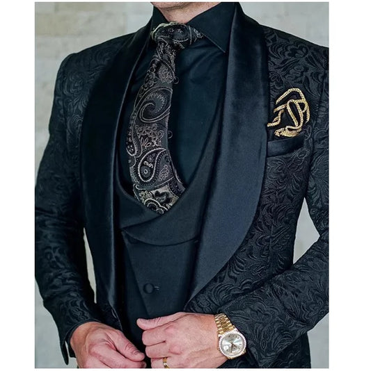 2023 Business Suits Men Ialian Design Custom Black Tuxedo Jacket 3 Piece Groom Terno Suit for Men(Jacket+Vest+Pants)