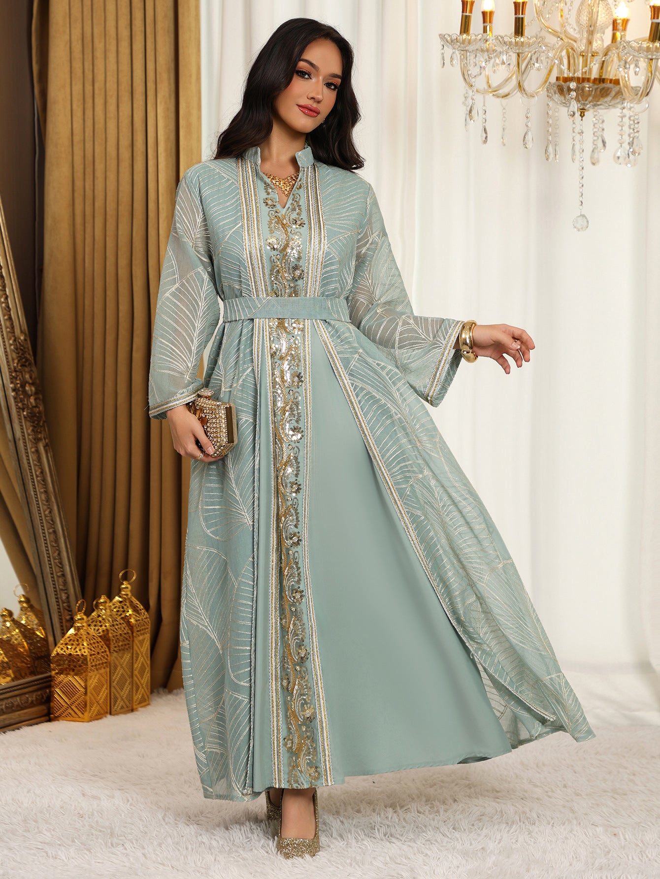 Eid Muslim Party Dress for Women Abaya with Inner Dress 2 Piece Set Jalabiya Ramadan Abayas Robe Caftan Vestidos Largos 2024