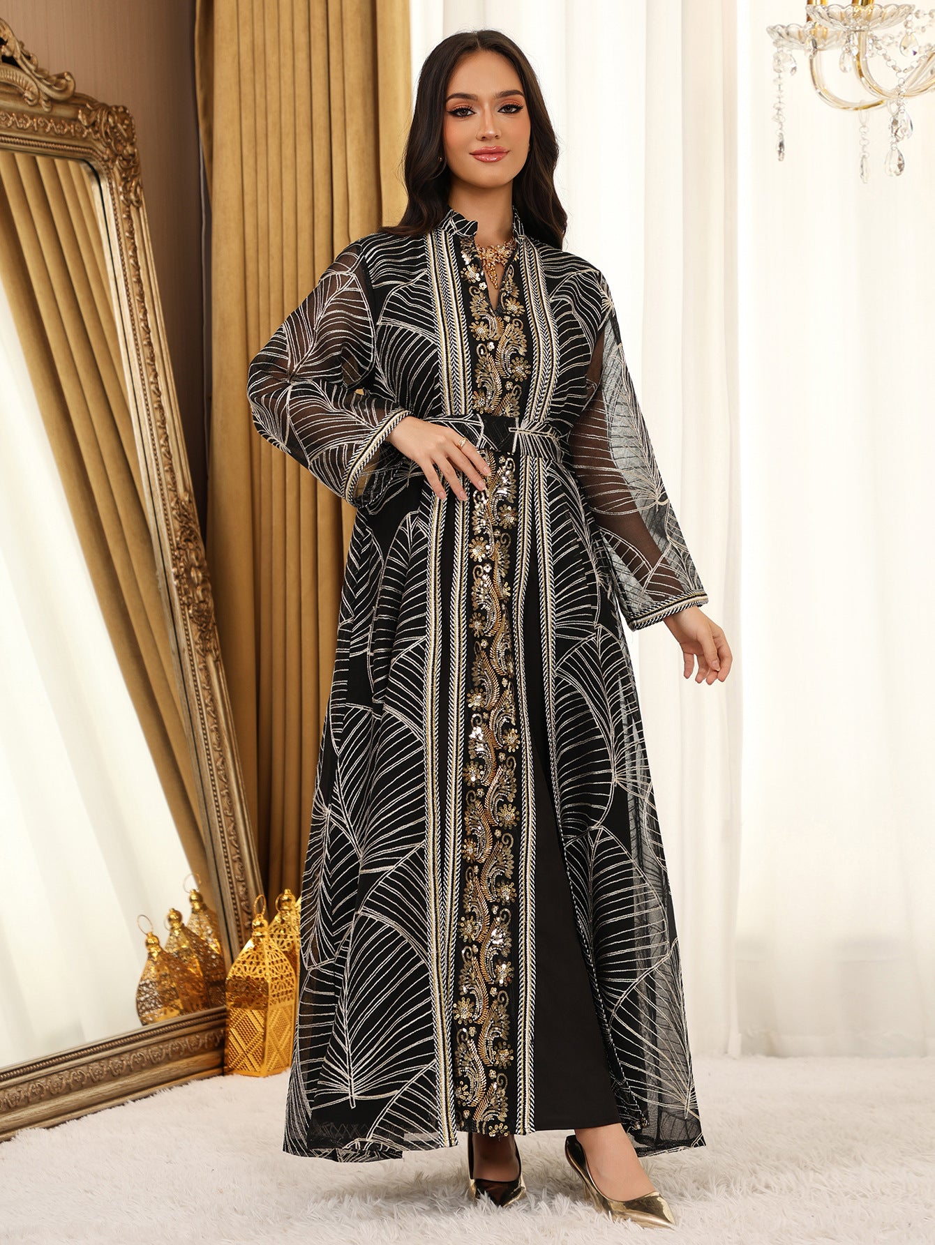 Eid Muslim Party Dress for Women Abaya with Inner Dress 2 Piece Set Jalabiya Ramadan Abayas Robe Caftan Vestidos Largos 2024