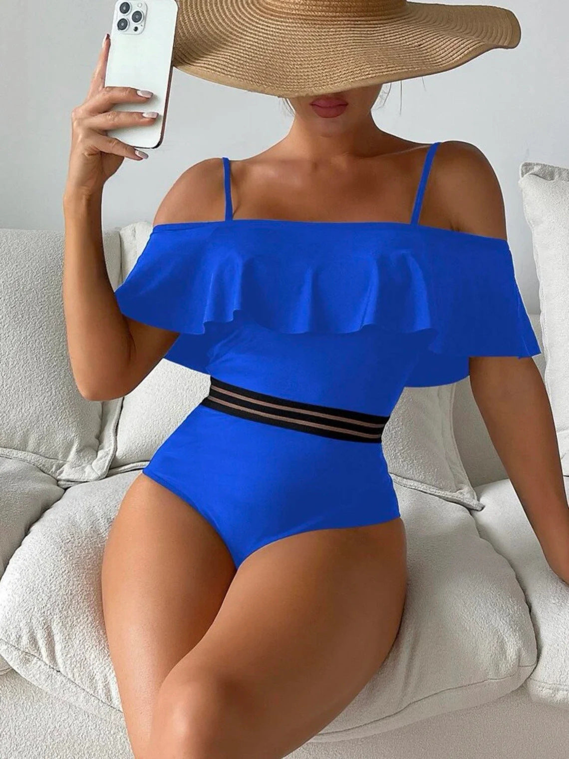 Europe and the United States cross-border new foreign trade ladies one-piece swimsuit solid color stitching sexy lotus leaf shoulder swimsuit bikini
