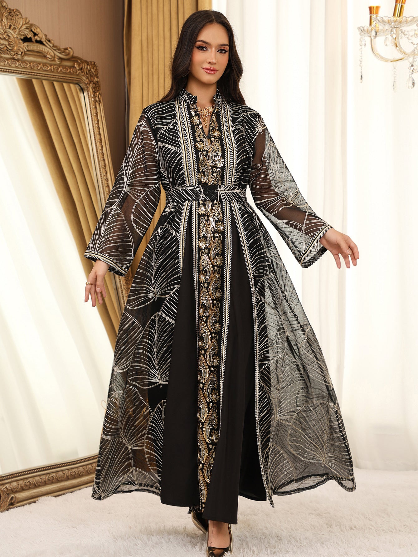 Eid Muslim Party Dress for Women Abaya with Inner Dress 2 Piece Set Jalabiya Ramadan Abayas Robe Caftan Vestidos Largos 2024