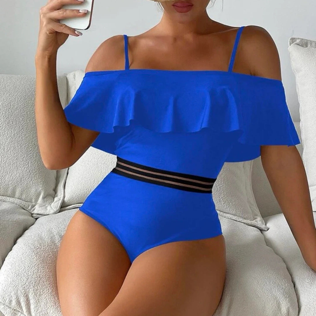 Europe and the United States cross-border new foreign trade ladies one-piece swimsuit solid color stitching sexy lotus leaf shoulder swimsuit bikini