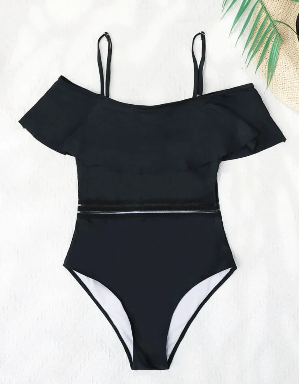 Europe and the United States cross-border new foreign trade ladies one-piece swimsuit solid color stitching sexy lotus leaf shoulder swimsuit bikini