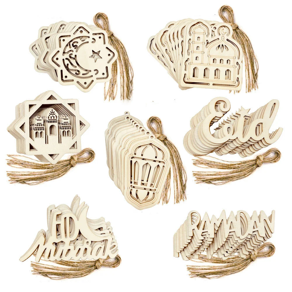 10pcs Eid Mubarak Wooden Hanging Pendant Hollowed Wooden DIY Painting Ornaments For Muslim Ramadan Kareem Home Party Decoration