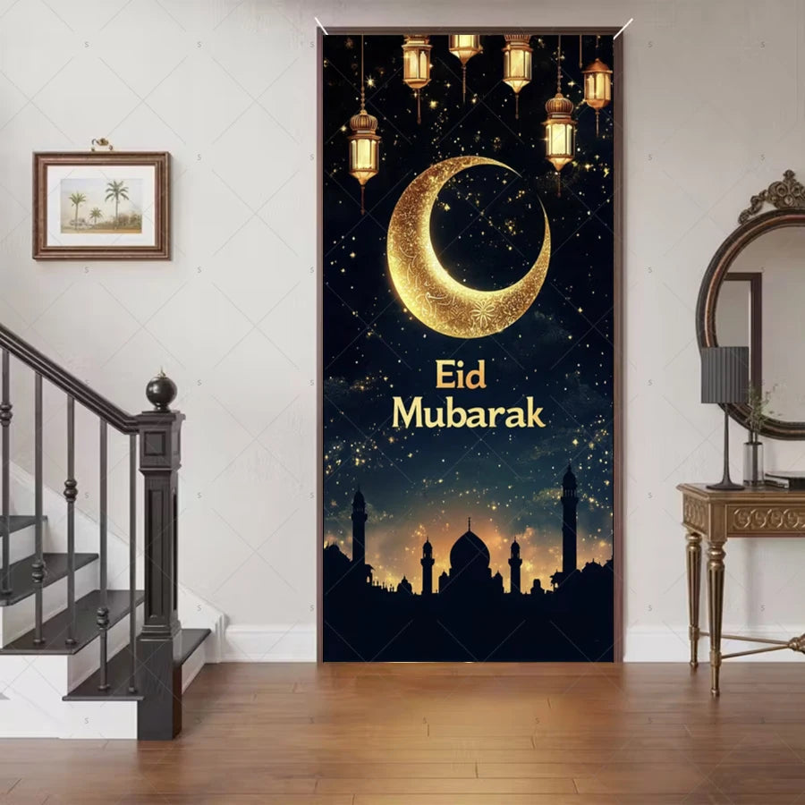Ramadan Eid Door Cover Backdrop Supplies Moon Mosque Background Islamic Muslim Festival Theme Party Decoration Photography Props