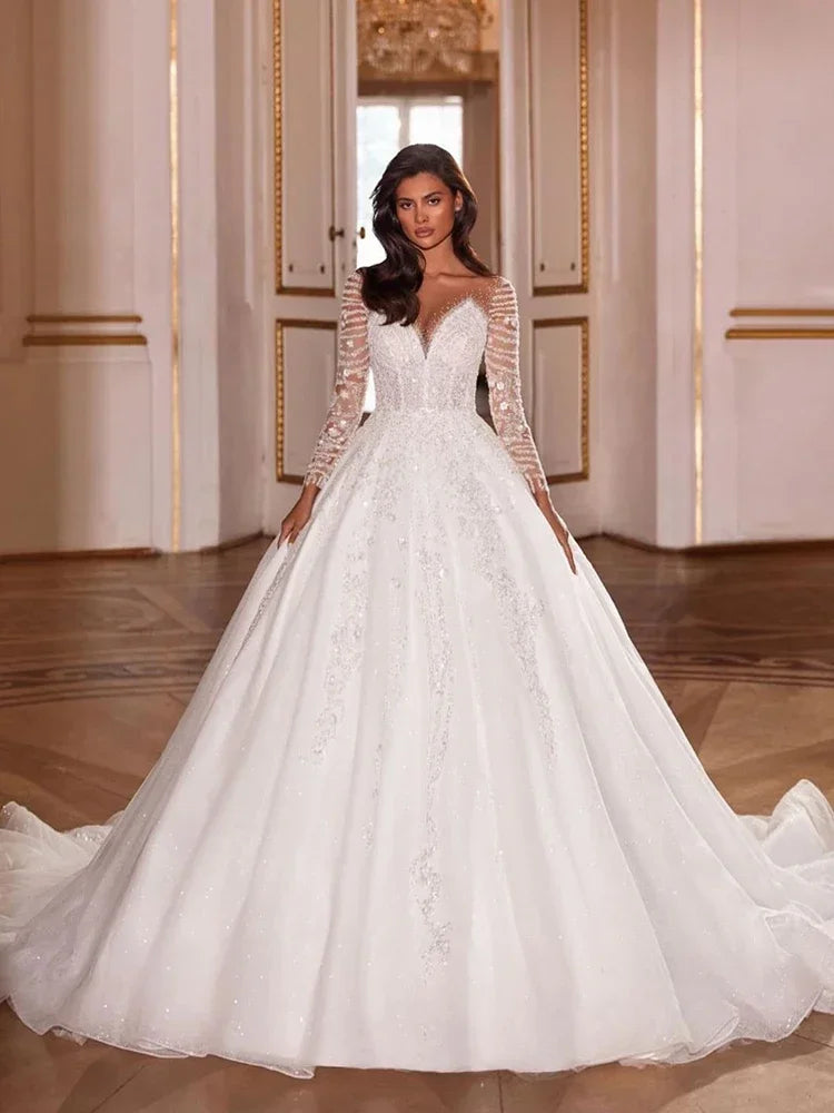 Luxurious Wedding Dress Embroidered Lace On Net With Sequins Ballgown O-Neck Full Sleeve Bride Button Robe De Mariee Customized