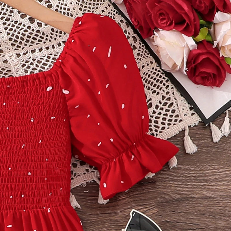 Elegant Square Neck Puff Sleeve Long Dress for 8-12 Year Old Girls Summer Sweet Ladylike Style Perfect for Valentine's Day