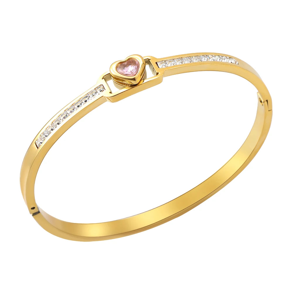 JOVO LOVE Vintage Square Frame Crystal Heart Bangle Stainless Steel Small Small Zircon Wrist Jewelry Women Valentine's Day Gifts