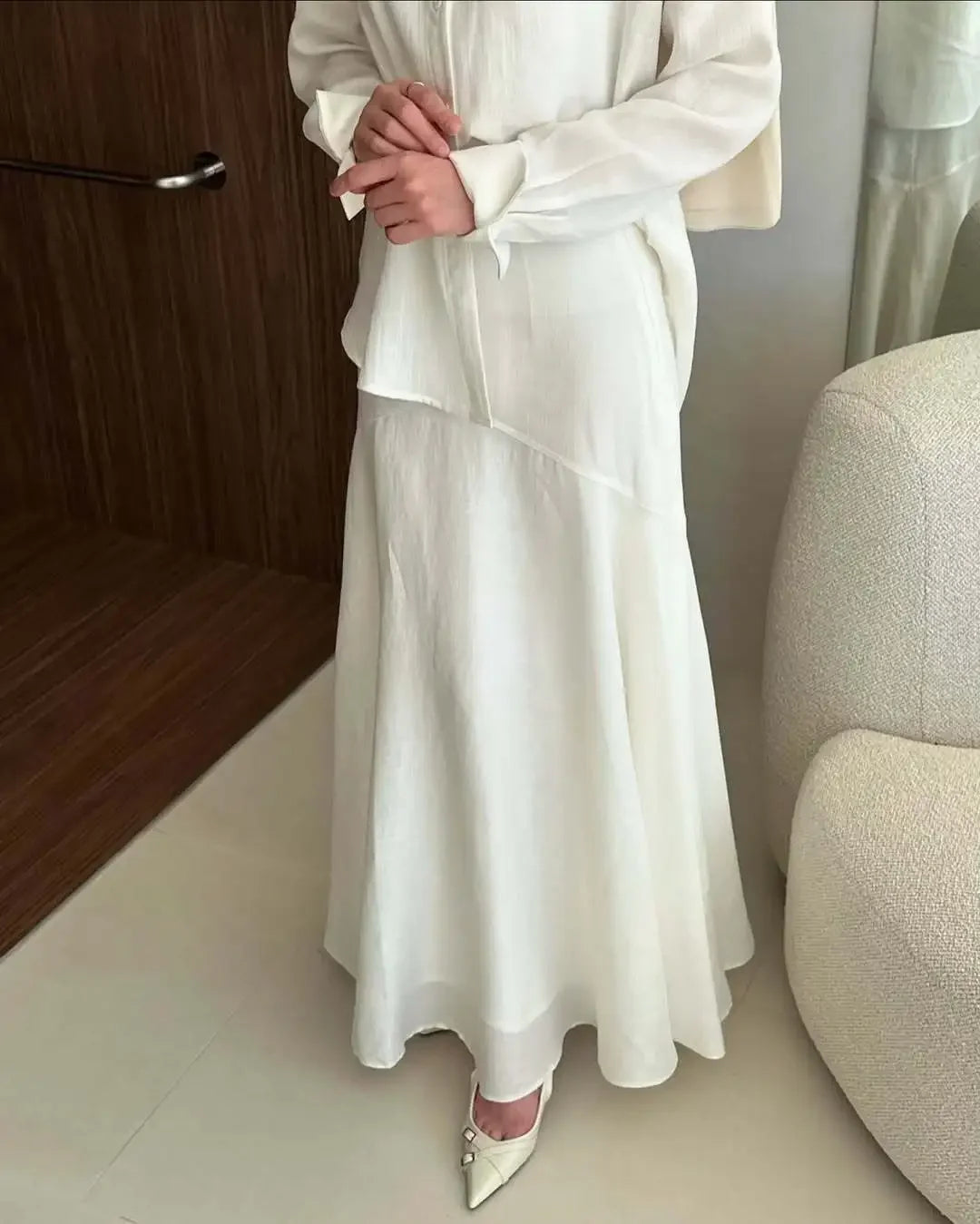 Eid Muslim Set Women Top Shirt Skirt 2 Piece Set Blouse Single Breaterd Solid Skirts Suits Arabic Dubai Musulman Ensembles 2025