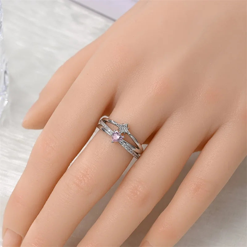 New Valentine's Day Rings Sweet Pink Zircon Princess Bows Size 7-9 For Women 925 Silver Ring Romantic Fine Jewelry Birthday Gift