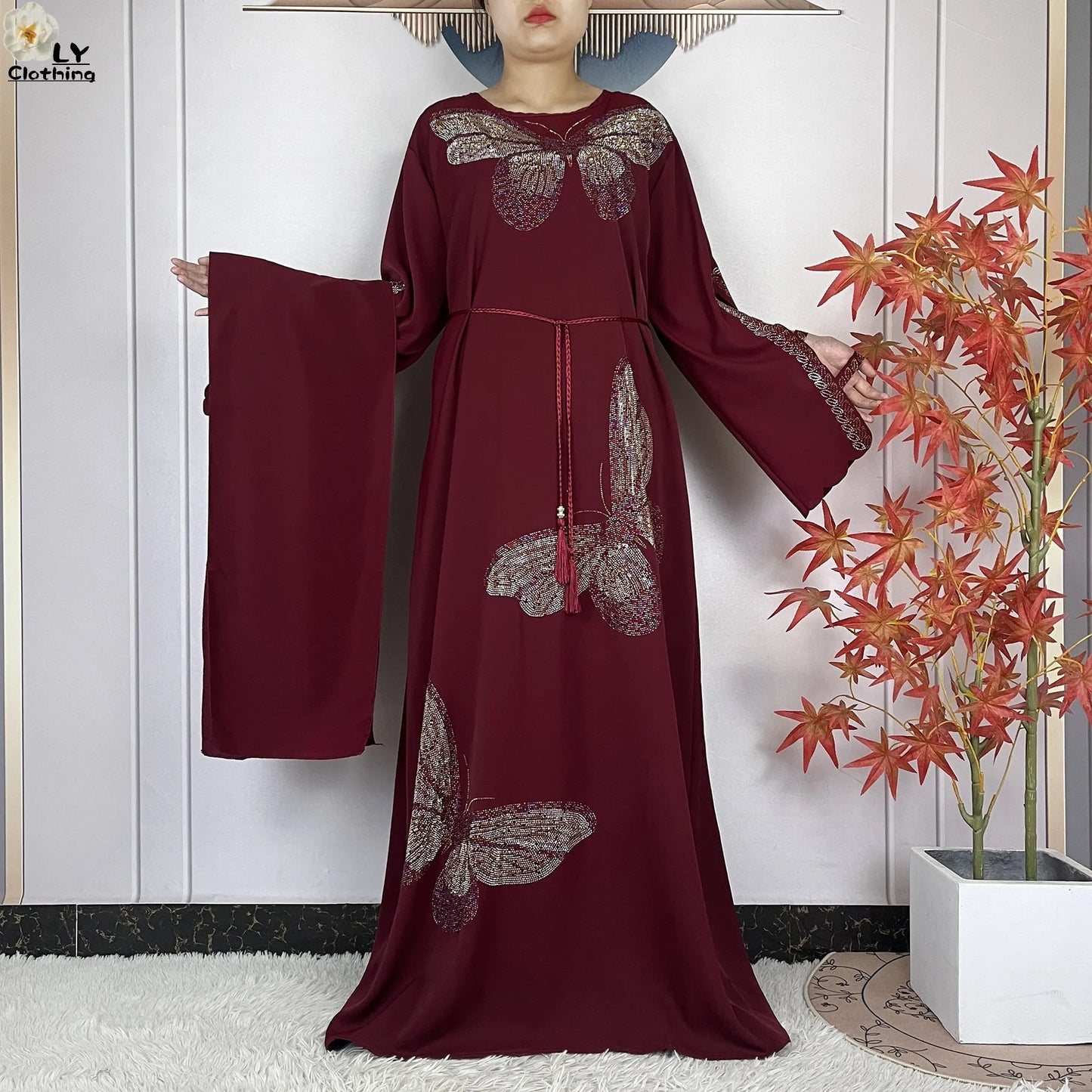 2025New Dubai Muslim Women Elegant Dress African Abaya Loose Butterfly Pattern Diamond Islamic Long Sleeve Turkey Femme Clothing