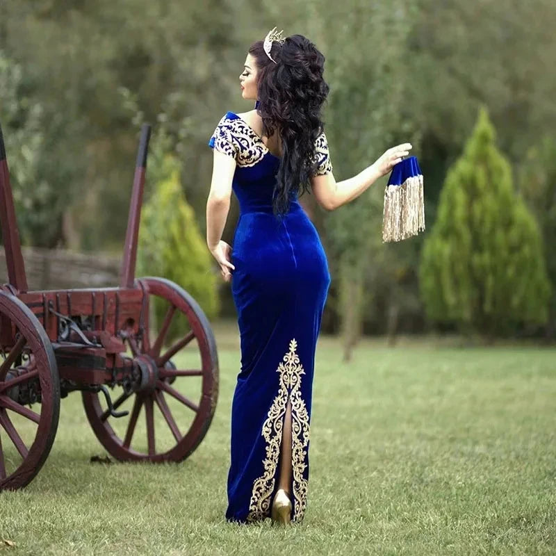 Moroccan Kaftan Caftan Muslim Evening Dresses Gold Lace Appliques Cap Sleeve Royal Blue Mermaid Velvet Arabic Long Prom Gowns