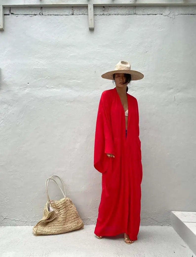 5 Colors Solid Bikini Cover-ups Long Kimono Sexy Belted Summer Wrap Dress Women Beach Wear Cover Up Cardigan Robe De Plage