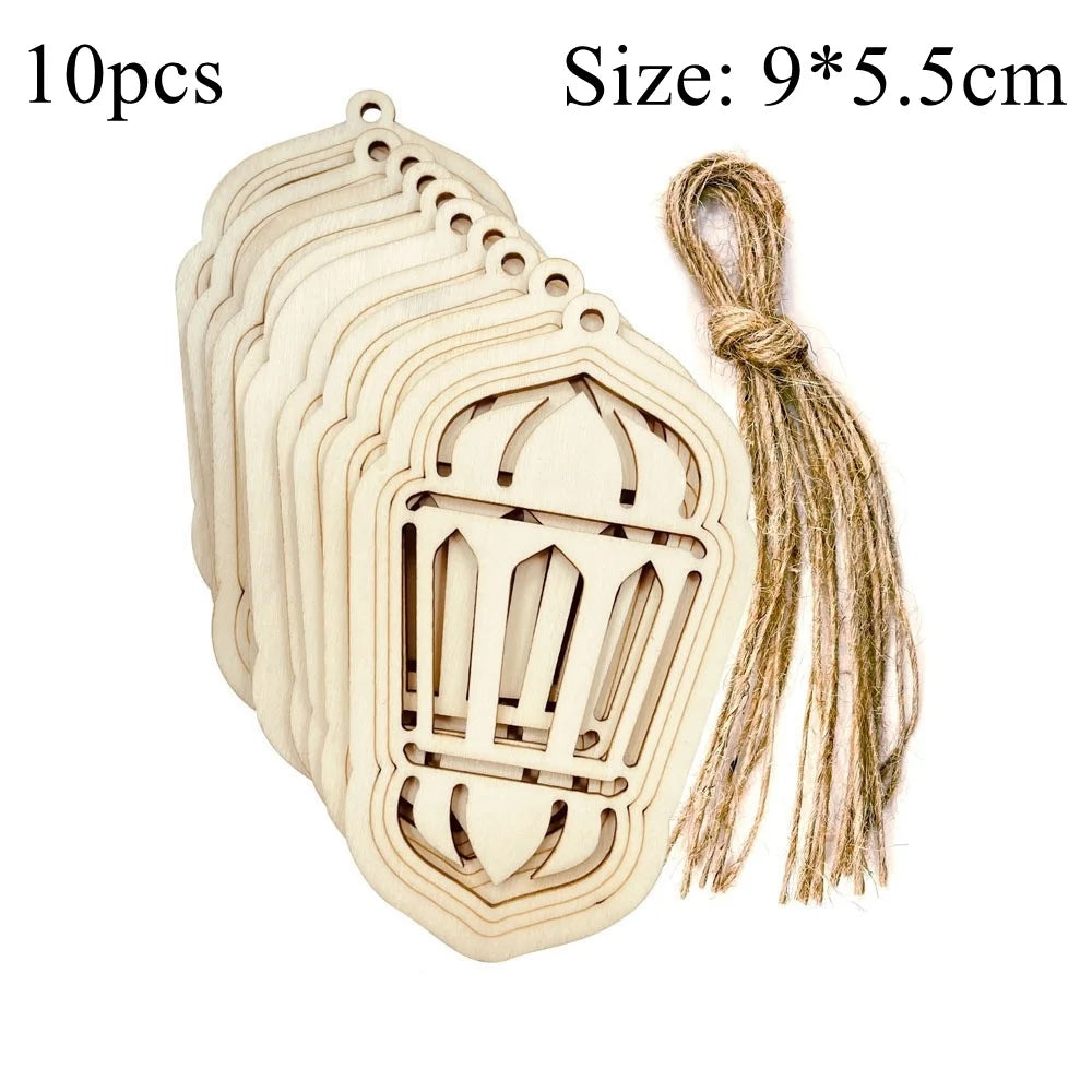 10pcs Eid Mubarak Wooden Hanging Pendant Hollowed Wooden DIY Painting Ornaments For Muslim Ramadan Kareem Home Party Decoration