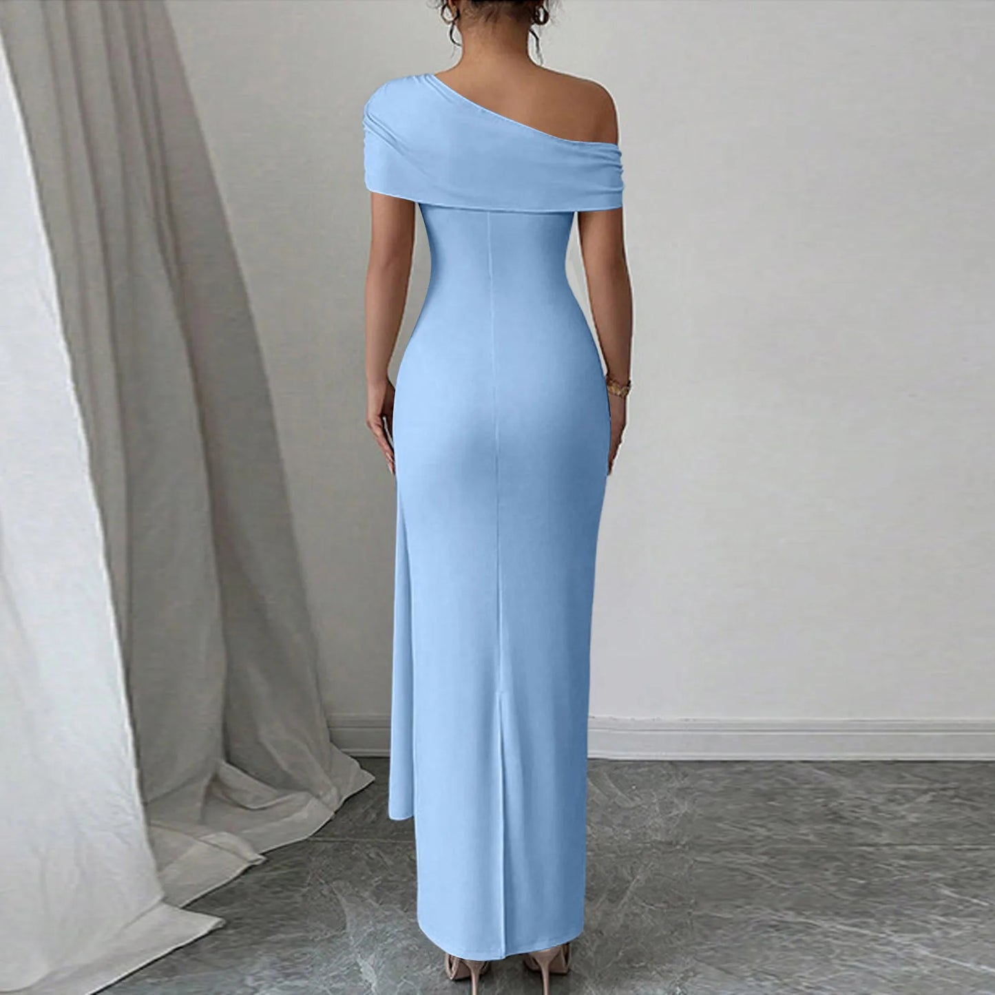 Sexy Party Long Dresses for Women Slant Neck Sleeveless Solid Color Dress Slim-fit Pleated Maxi Gown Fashion Bodycon Dress