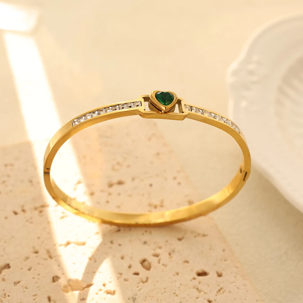 JOVO LOVE Vintage Square Frame Crystal Heart Bangle Stainless Steel Small Small Zircon Wrist Jewelry Women Valentine's Day Gifts