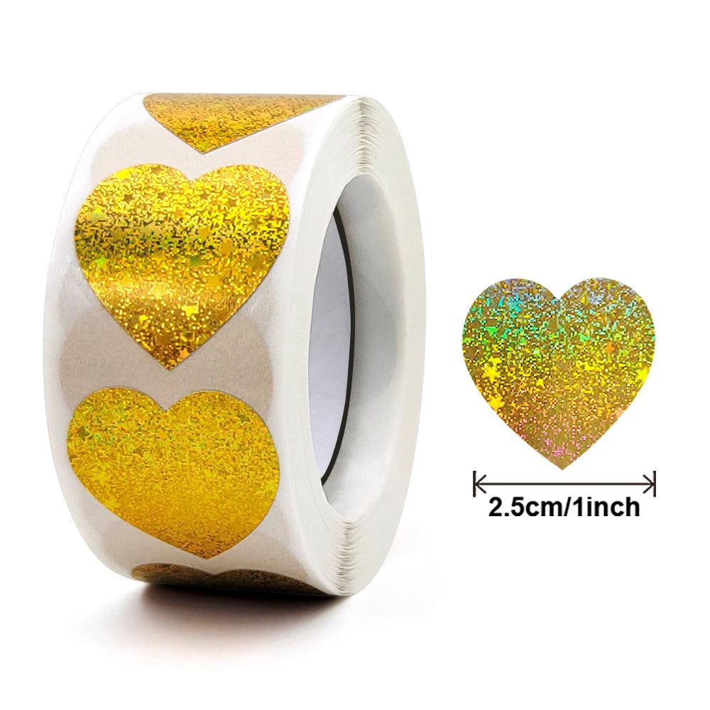500Pcs Gold Laser Heart Sticker 1" Love Shape Labels for Valentine's Day, Envelopes, Wedding, Crafting,Gift,Award Charts
