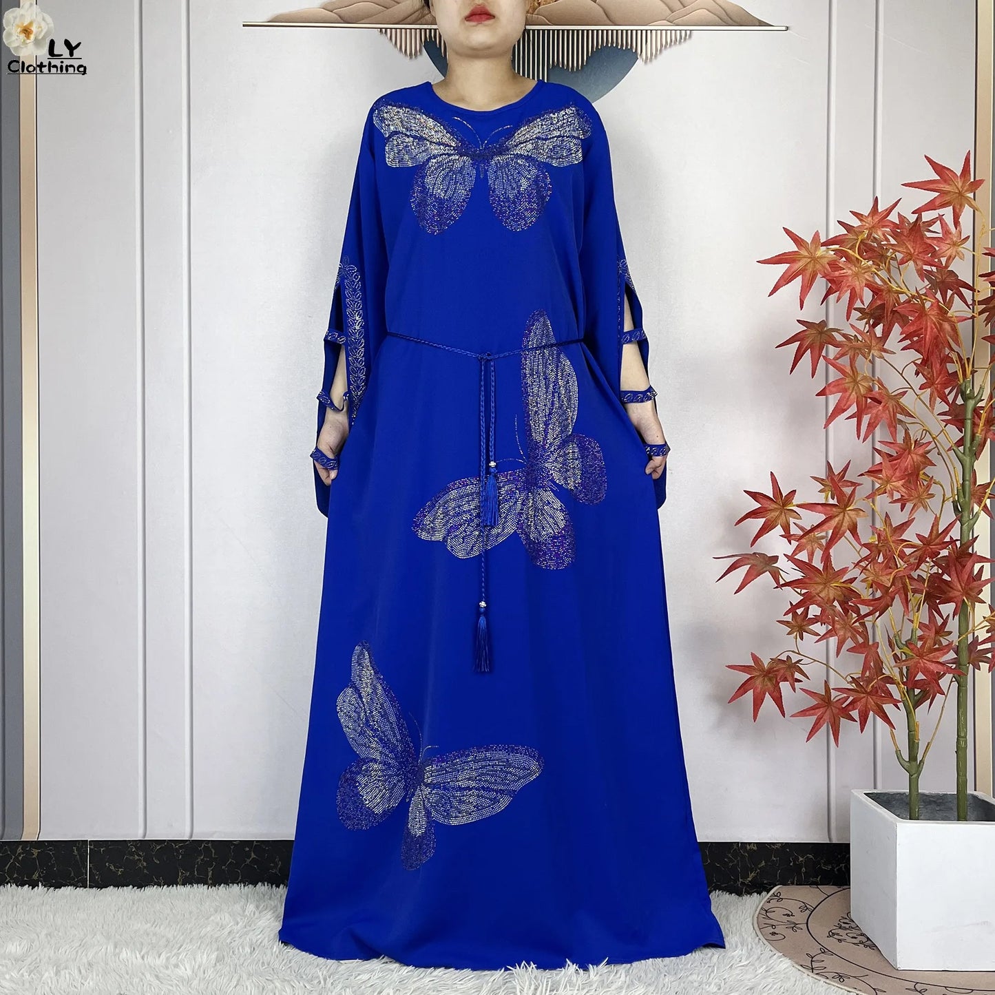 2025New Dubai Muslim Women Elegant Dress African Abaya Loose Butterfly Pattern Diamond Islamic Long Sleeve Turkey Femme Clothing