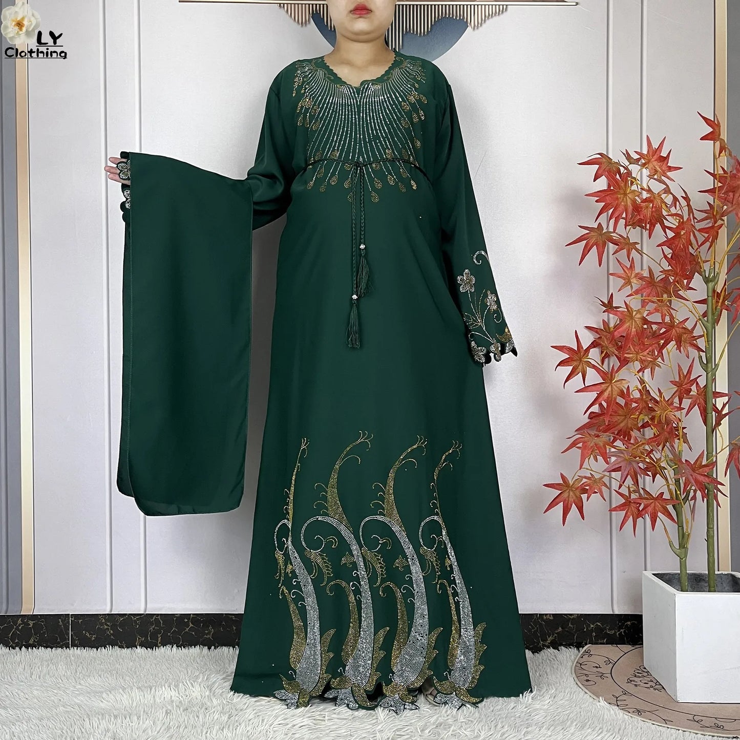 2025New Dubai Muslim Women Elegant Dress African Abaya Loose Butterfly Pattern Diamond Islamic Long Sleeve Turkey Femme Clothing