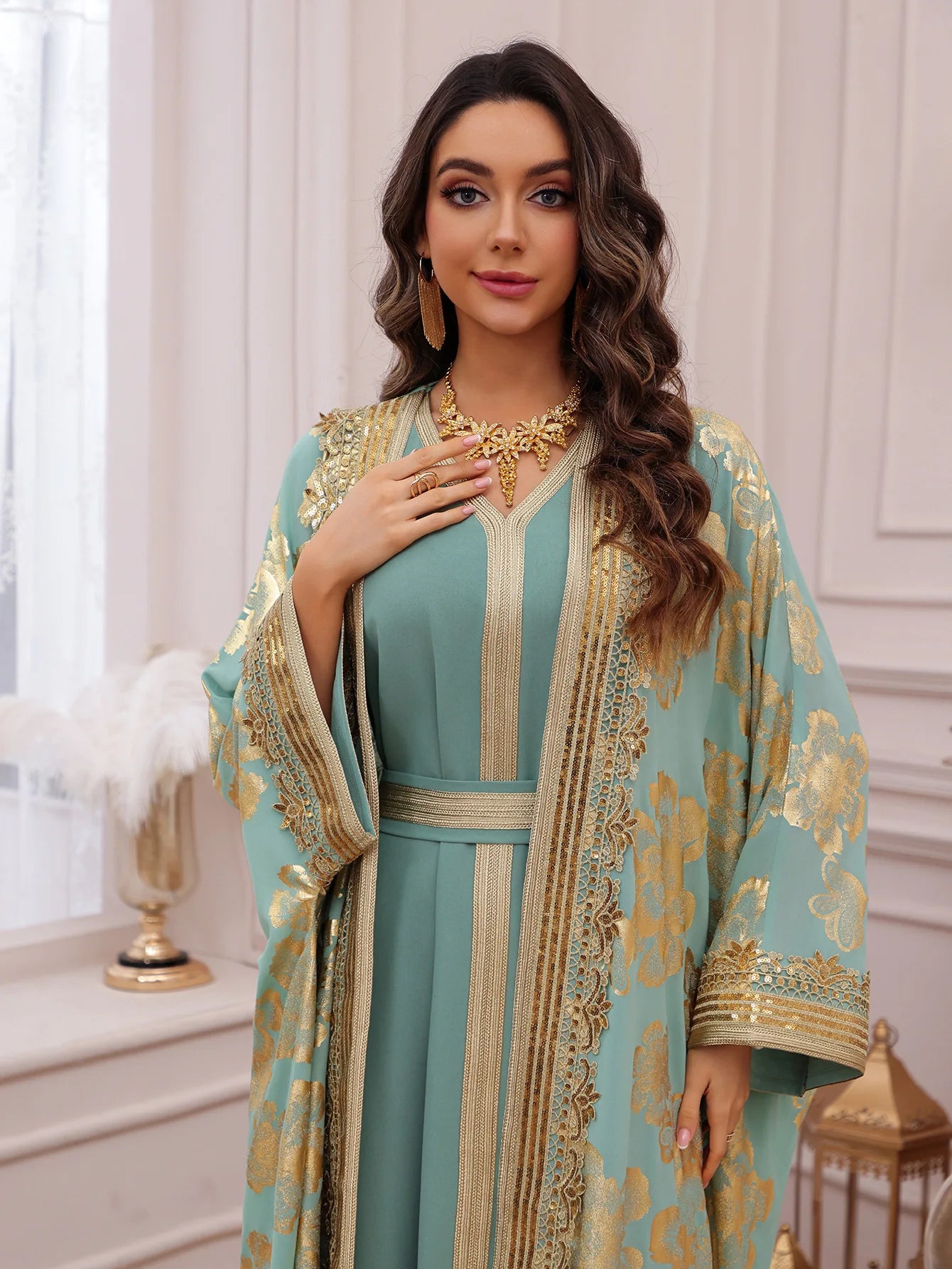 Eid Muslim Party Dress for Women Abaya with Inner Dress 2 Piece Set Jalabiya Ramadan Abayas Robe Caftan Vestidos Largos Kebaya