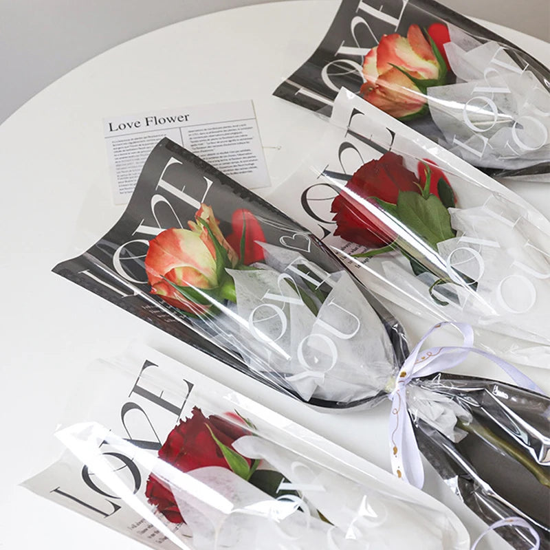 20pcs LOVE Transparent Rose Packaging Bags Valentine's Day Flower Packaging Transparent Bag Waterproof Bouquet Cover