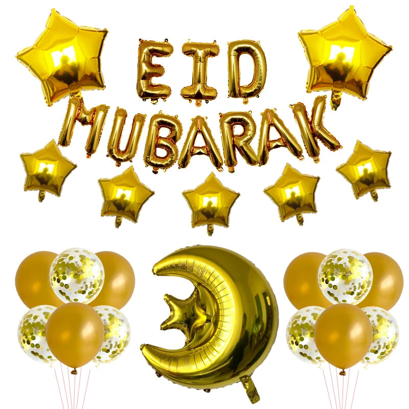 Eid Mubarak Balloons 2024 Ramadan Decorations for Home Moon Star Foil Balloon Muslim Aid Moubarak Kareem Festival Party Supplies