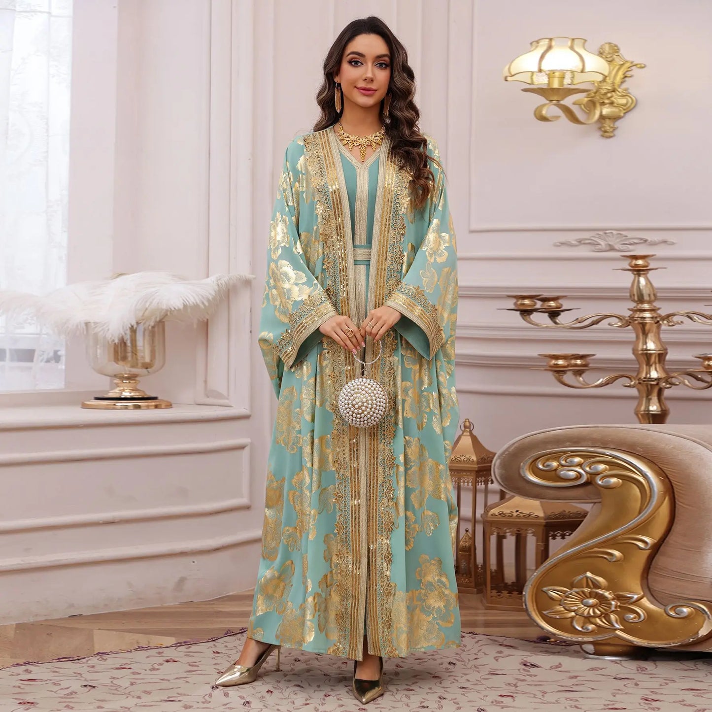 Eid Muslim Party Dress for Women Abaya with Inner Dress 2 Piece Set Jalabiya Ramadan Abayas Robe Caftan Vestidos Largos Kebaya
