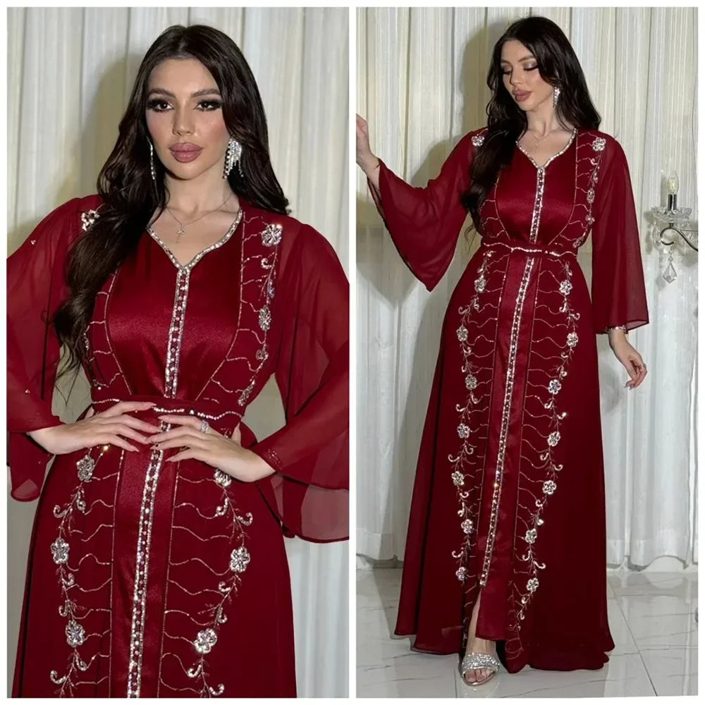 Muslim Set Dress Women Four-season Commute Muslim Set Fashion Party Dubai Turkey Long Sleeve Chiffon Cardigan Dress and Vest 2ps