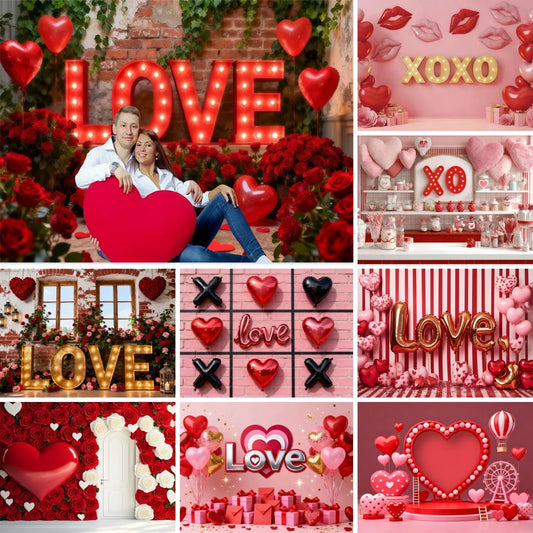 Valentine's Day Photography Backdrop Heart-shaped Balloons Roses Big Love February 14th Couples XOXO Portrait Photo Background