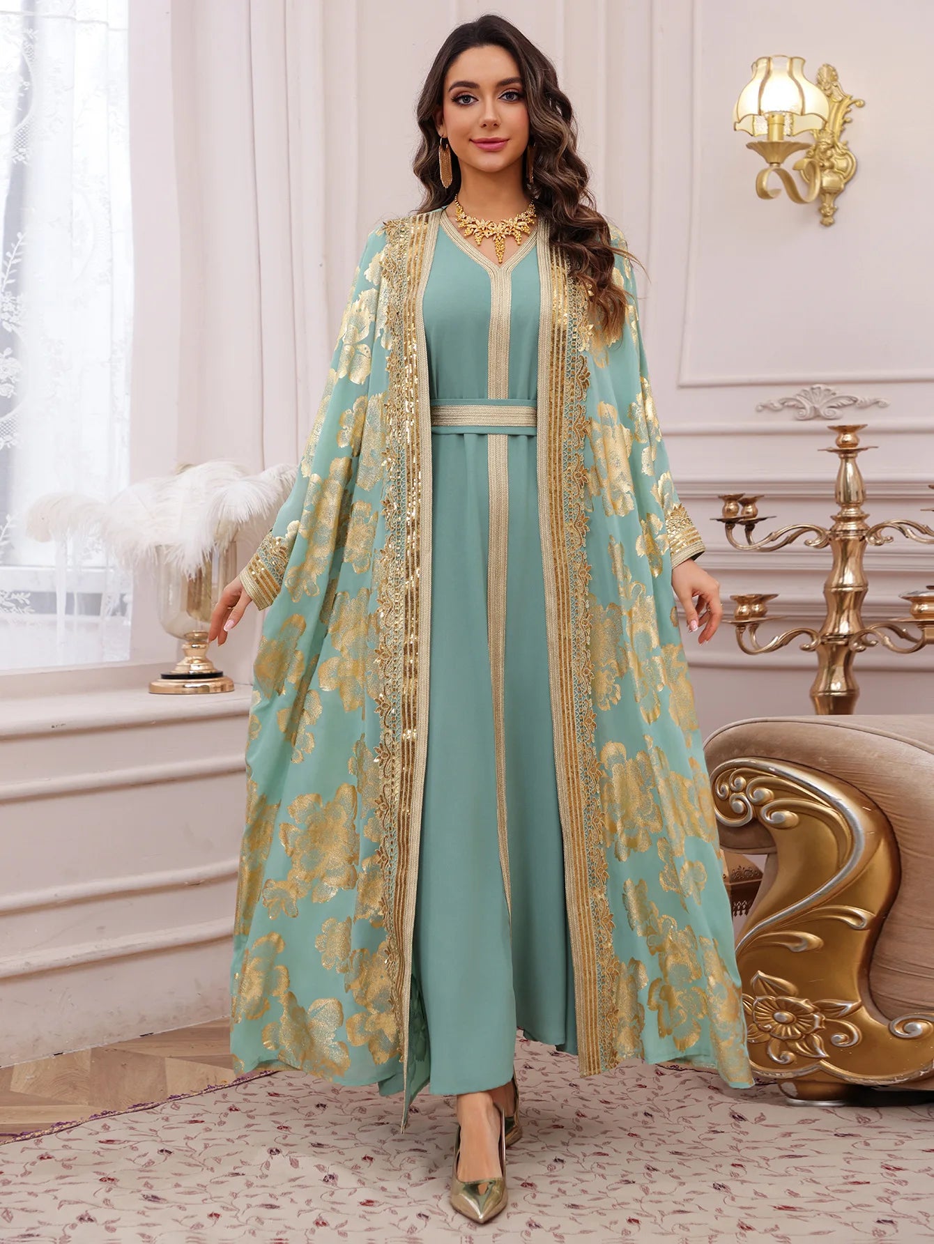 Eid Muslim Party Dress for Women Abaya with Inner Dress 2 Piece Set Jalabiya Ramadan Abayas Robe Caftan Vestidos Largos Kebaya