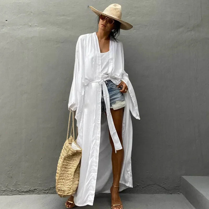 5 Colors Solid Bikini Cover-ups Long Kimono Sexy Belted Summer Wrap Dress Women Beach Wear Cover Up Cardigan Robe De Plage