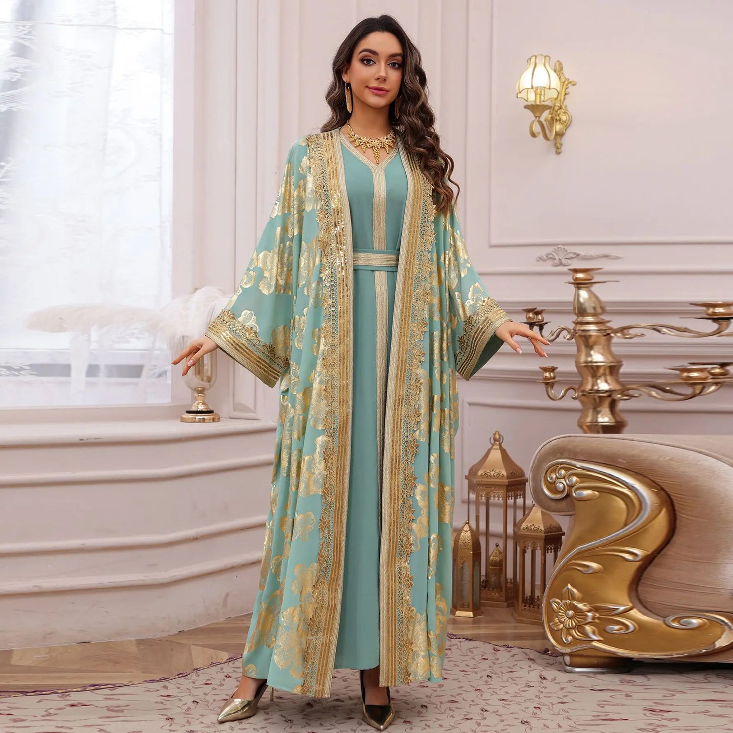 Eid Muslim Party Dress for Women Abaya with Inner Dress 2 Piece Set Jalabiya Ramadan Abayas Robe Caftan Vestidos Largos Kebaya