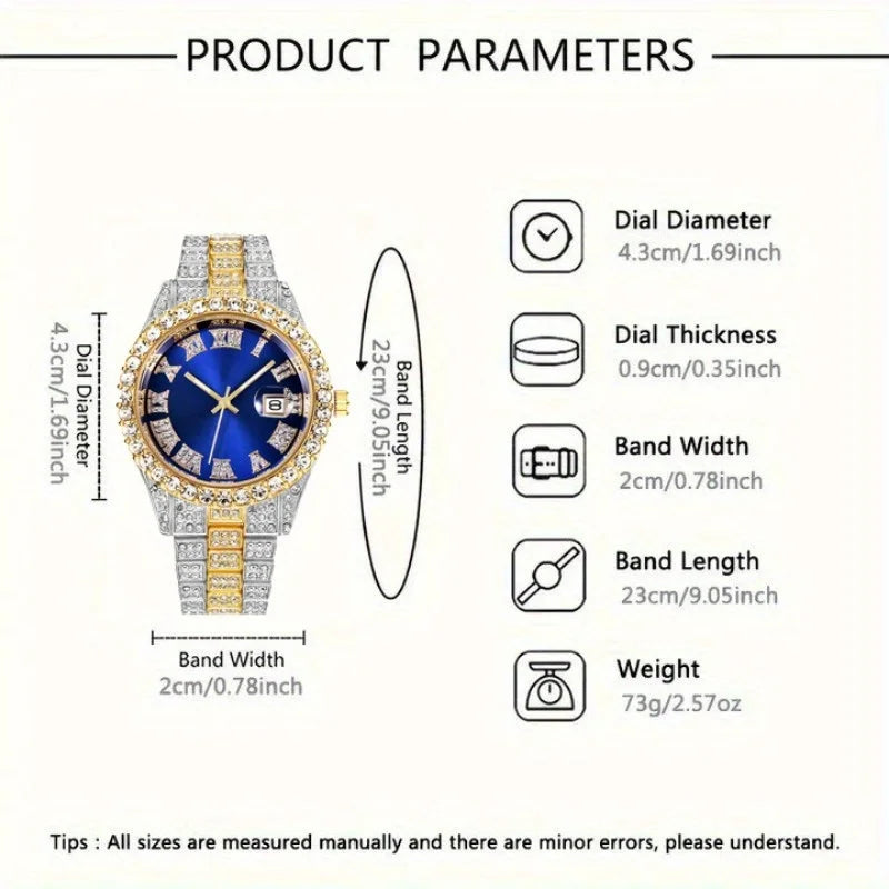 4pcs/set, Business Luxury Men's Rhinestone Watch Jewelry Set, Classic Silvery Men Quartz Calendar Wrist Watch - Gifts for Men,
