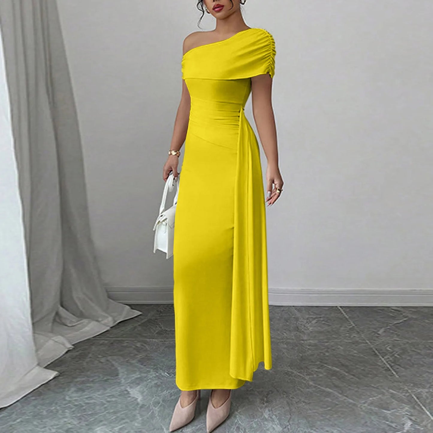 Sexy Party Long Dresses for Women Slant Neck Sleeveless Solid Color Dress Slim-fit Pleated Maxi Gown Fashion Bodycon Dress