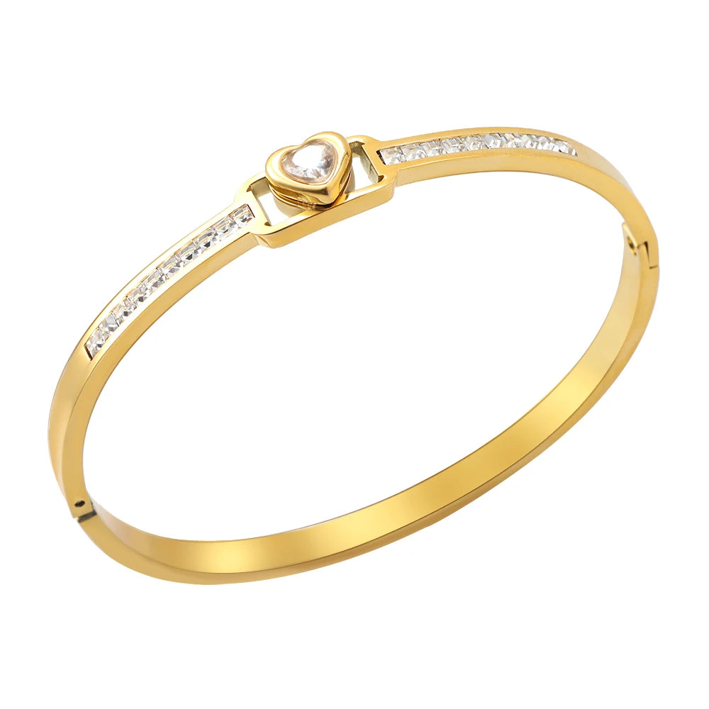 JOVO LOVE Vintage Square Frame Crystal Heart Bangle Stainless Steel Small Small Zircon Wrist Jewelry Women Valentine's Day Gifts