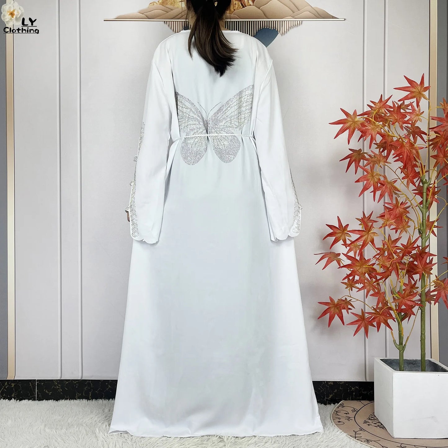 2025New Dubai Muslim Women Elegant Dress African Abaya Loose Butterfly Pattern Diamond Islamic Long Sleeve Turkey Femme Clothing