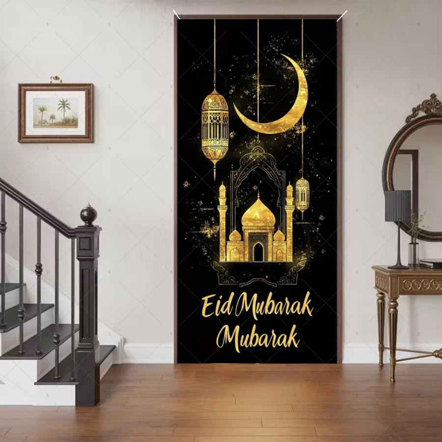 Ramadan Eid Door Cover Backdrop Supplies Moon Mosque Background Islamic Muslim Festival Theme Party Decoration Photography Props